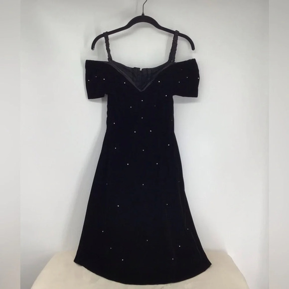 De Larru By Joseph Lara Vintage Velvet Off The Shoulder Dress W/Rhinestones 7-8 - Picture 1 of 10